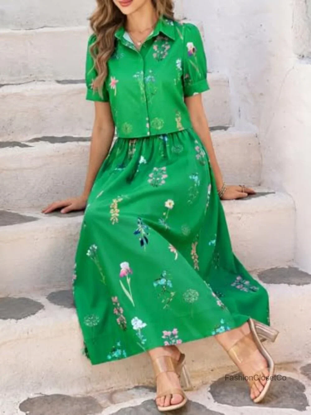 Womens 2 Piece Floral Skirt Set Puff Sleeve Blouse Elastic Waist Matching